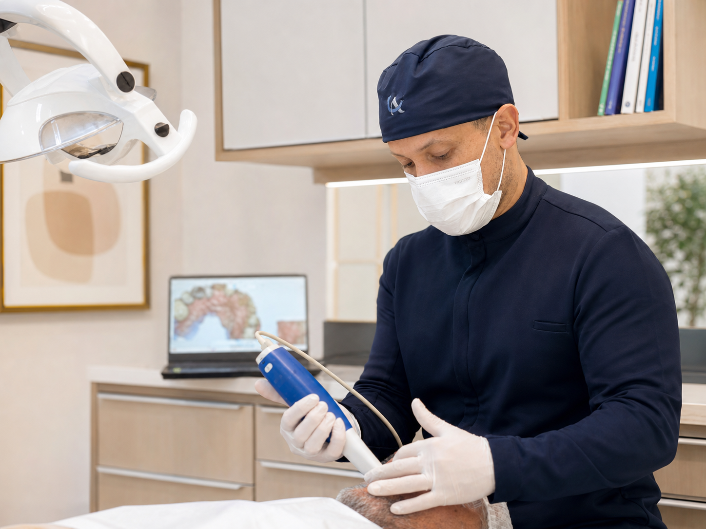 Dr. Luiz Augusto realizando escaneamento intraoral na LA Odontologia